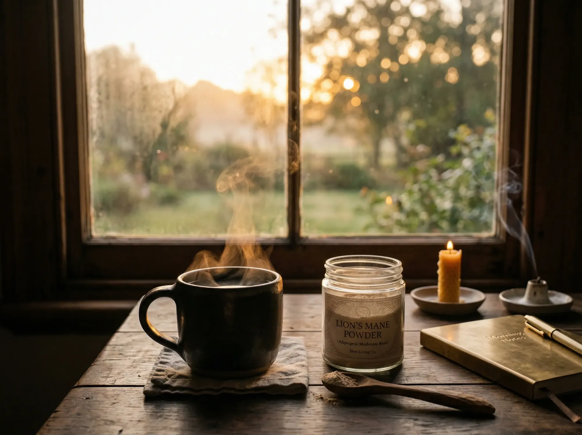 A morning wellness ritual featuring Lion’s Mane and Cordyceps mushroom supplements, arranged alongside a glass of water to symbolize the start of the day.