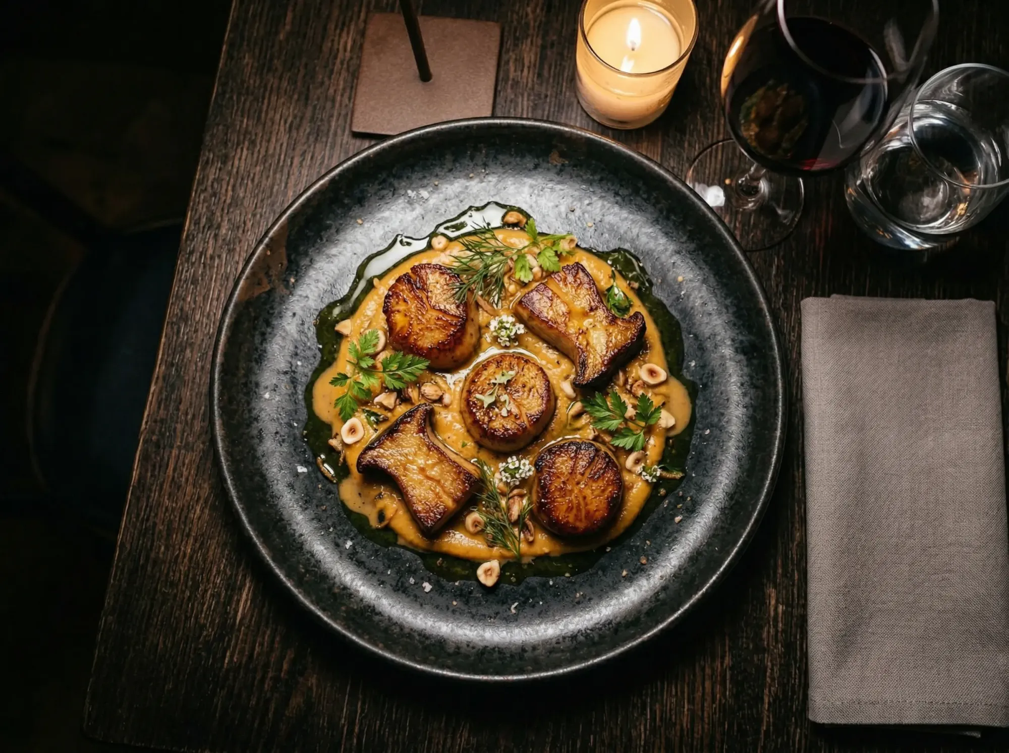 Vegan protein plate featuring king oyster mushroom cross-sections prepared using a scallop-searing technique.
